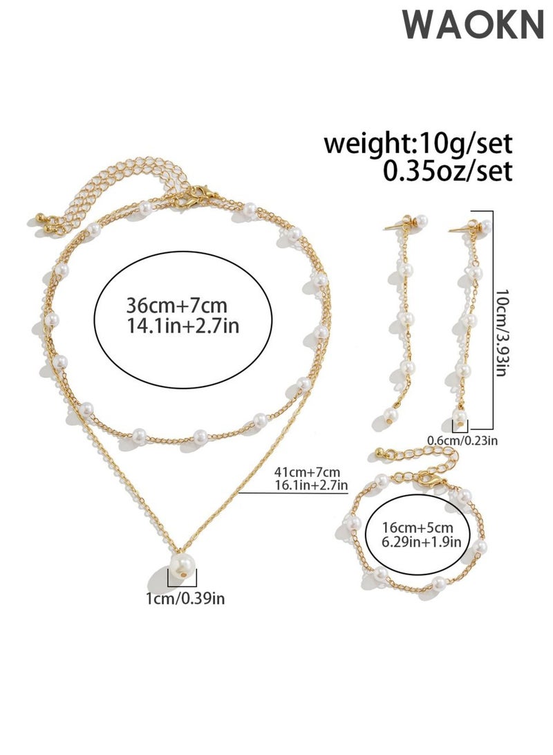 WAOKN 3pcs Pearl Necklace, Earrings & Bracelet Set - 14K Gold Plated Pearl Jewelry - Adjustable Choker , Drop Earrings - Dainty Wedding Jewellery Set , Fashionable and versatile, suitable for dating and shopping , unisex , gold . - Image 2